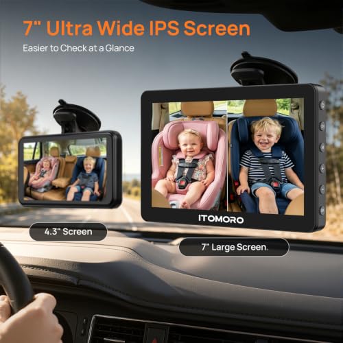 Image of Itomoro Rear Facing Mirrors, 2 Kids Baby Car Camera, 7'' Ultra Wide 1080P HD Display with 2 IR Night Vision Cameras, 150 Wide Angle, 360 Rotatable, Easy Install