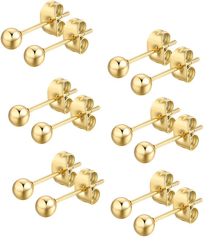 6 Pair Tiny Women 14K Gold Plated Ball Stud Earrings Surgical Stainless Steel Earrings Set, 2-6MM