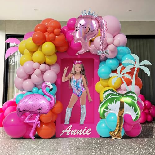 Image of Hot Pink Blue Yellow Orange Balloon Garland Kit Crown Princess Palm Tree Summer Sunglasses Tropical Balloons Arch For doll Theme Pool Party Decoration Girl Birthday Baby Shower Bachelorette Supplies