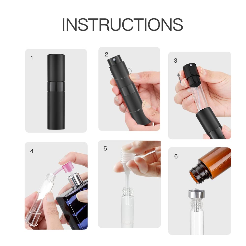 Toureal Atomizer do Perfum 8 ml, Czarny Podróżny Flakonik na Perfumy Wielokrotnego Napełniania, Mini Butelka na Perfumy do Torebki, Kosmetyczki i Podróży z Akcesoriami do Napełniania