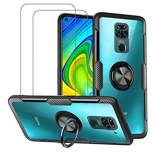 VICEANICS for Xiaomi Redmi Note 9 Clear Case Crystal Armor Case Cover with Magnetic Finger Ring Holder Kickstand & [2 Pack] Tempered Glass Screen Protector, Black