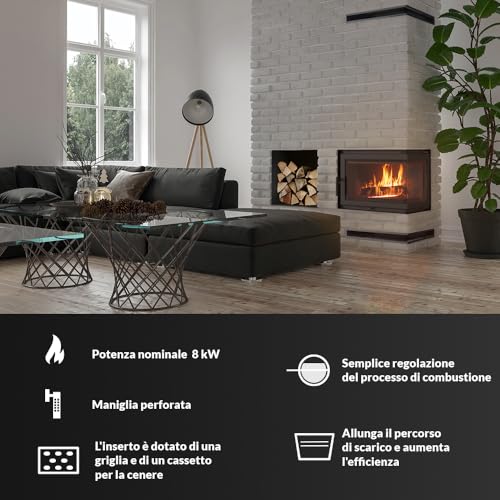 Kratki Inserto Per Camino A Legna Semplice Ingresso Aria Conforme Bimschv 2 8Kw Efficienza Termica 75% Uscita Scarico Fi 200 Mm Ghisa Vetro Decorativo Pannello Rightplus Accessori - 3