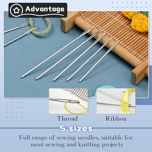 Image of TLKKUE 100 /40 Pcs Steel Large-Eye Blunt Needles, Tapestry Needle with Needle Threader Thimble, Yarn Needles for Sewing Knitting Crafting Weaving Crochet Tapestry (Silver, 5 sizes /100pcs)