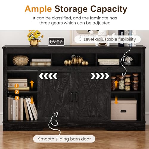 Image of RoyalCraft Farmhouse TV Stand with Sliding Barn Door for TVs up to 65+ Inch, 34 inch Tall Entertainment Center, Wood Media Console Storage Cabinet for Bedroom, Living Room, Black