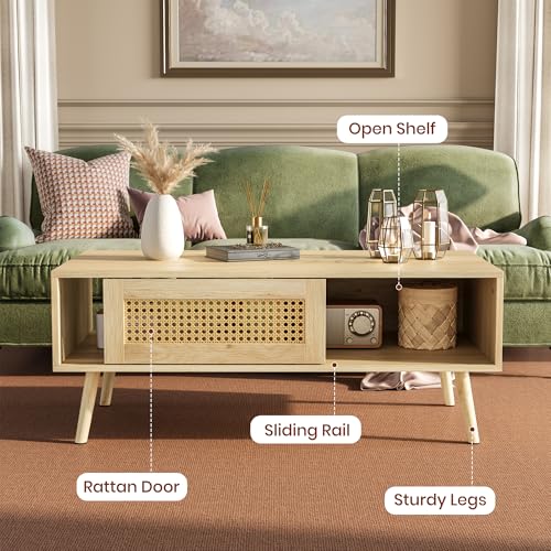 IDEALHOUSE Living Room Table Sets of 2, Includes 47" Rattan TV Stand Storage Cabinet for 55" TV, Farmhouse Coffee Table with Storage Shelf for Bedroom by IDEALHOUSE - Image 5