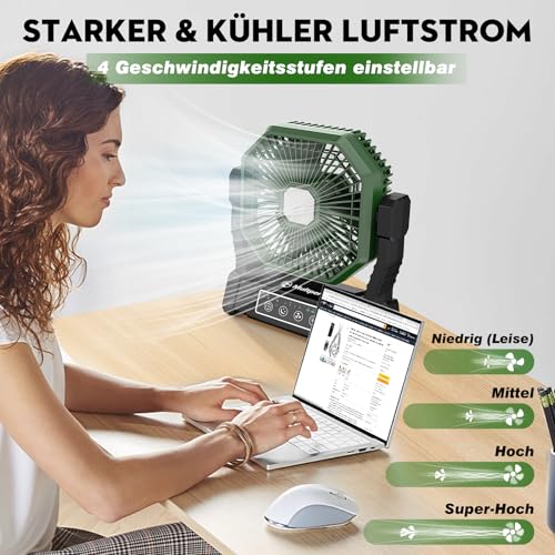 Camping Ventilator mit Akku, Leiser Zelt Ventilator mit LED Licht & Haken, 8-30 Std. Laufzeit, Tragbarer Ventilator mit Powerbank, Timer & Fernbedienung 10000mAh, Ideal für Camping, Outdoor, Wohnmobil 3