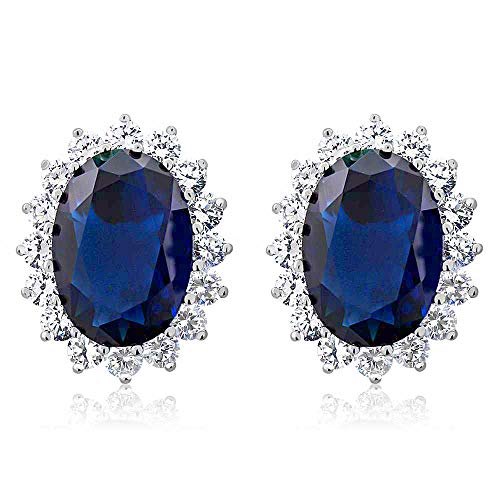 Gem Stone King 15.00 Cttw Blue Simulated Sapphire or Green Simulated Emerald or Red Created Ruby Halo Earrings For Women In 925 Sterling Silver | Oval 14X10MM3