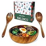 Kalinco Acacia Wood Salad Bowl with Servers Set, Large Salad Wooden Bowl with Spoon and Fork for...
