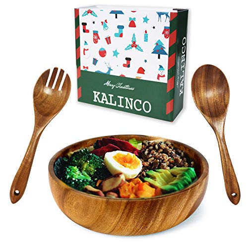 Kalinco Acacia Wood Salad Bowl with Servers Set Large Salad Wooden Bowl with Spoon and Fork for Fruits Salads for Christmas