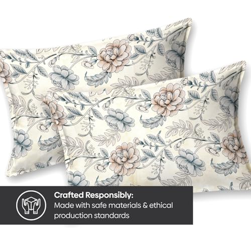 Image of Rivermoor 144 TC Cotton Bedsheet for Double Bed | Queen Size Bed Sheet with 2 Pillow Covers | Ivory & Blue Botanical Floral | 90 x 100 Inches