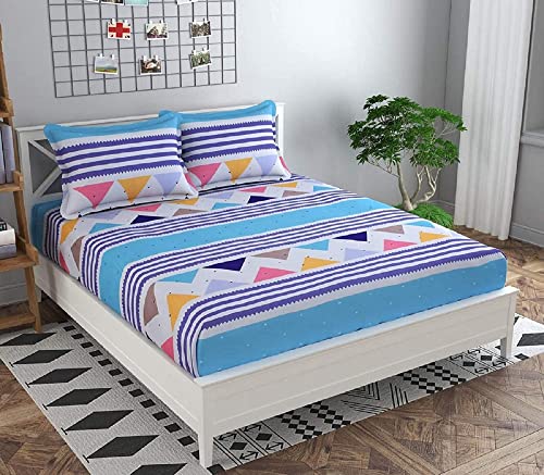 Image of Cotton Feel Glace Cotton Elastic Fitted All Around Elastic Printed King Size Double Bed Bedsheet with 2 Pillow Cover (72 inchx78 inch, Fresh Sky)