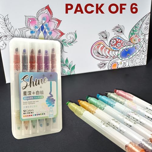 Image of WISHKEY Double-Head Glitter Marker Pens, Shining Non-Toxic Ink, Quick Drying Shimmery Colorful Highlighter Pens for Multipurpose, Stationery Items for Kids and Adults, 8+ Years (Pack of 6, Multicolor)