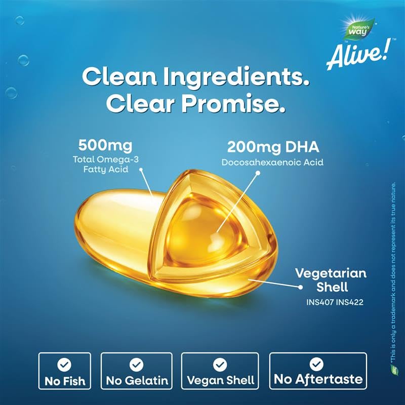 Image of Nature's Way Alive Omega 3 -500 mg|Pure Algal Oil Plant Omega for Heart & Brain Wellness -100% Veg,No Fish Burps - 200 mg DHA Supports Heart ,Joints ,Brain & Eye Health - 60 Capsules for Men & Women - Easy absorption