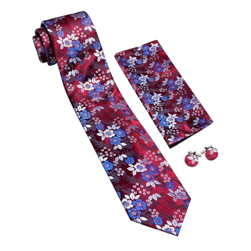 Image of Barry.Wang Flower Ties for Men Handkerchief Cufflinks Set Wedding Necktie Set Party