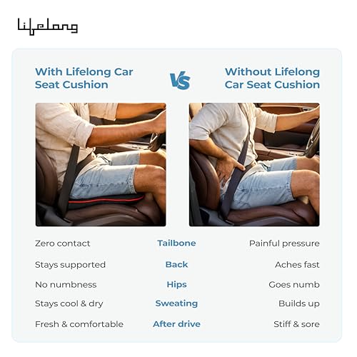 Image of Lifelong Car Seat Cushion for Driving | 100% Memory Foam Sciatica & Tailbone Pain Relief | Orthopedic Pillow with Non-Slip Base, Washable Cover | Office Chair & Truck Compatible (LLCC13)