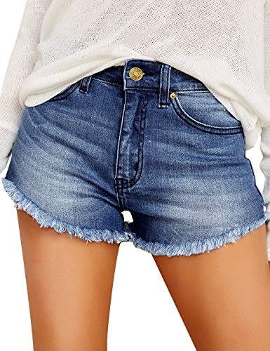 GRAPENT Womens Casual Mid Waisted Pockets Frayed Raw Hem Denim Jeans Shorts Denim Blue Size L
