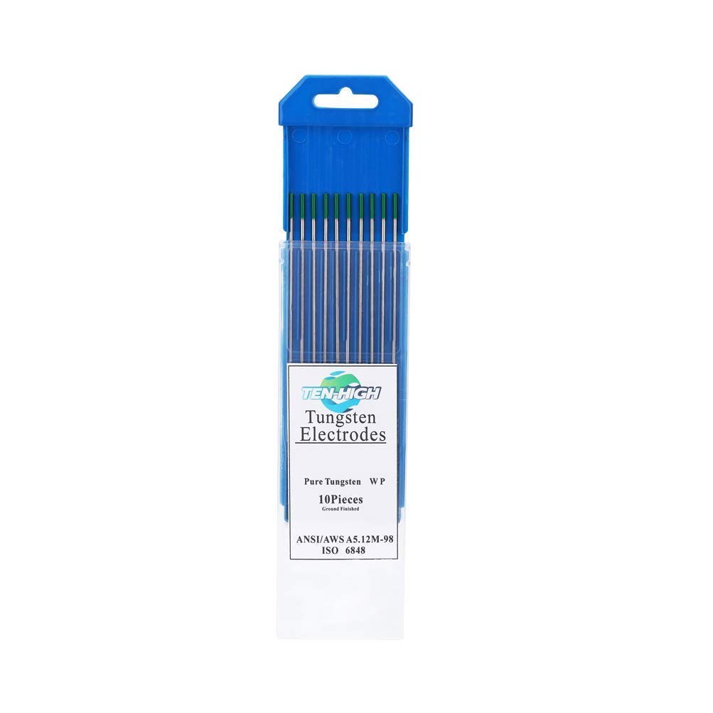 TEN-HIGH Electrodos de tungsteno, WP (verde) Electrodos de tungsteno puro, paquete de 2.4 mm x175 mm 10 piezas