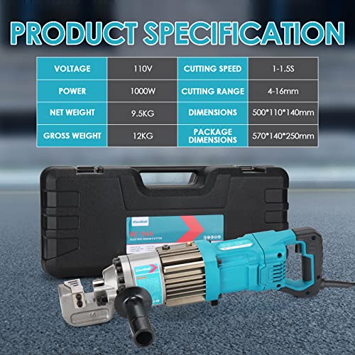 Image of 5 /8 inch Electric Hydraulic Rebar Cutter 1-1.5s Cutting Speed Portable Rebar Cutter Cutting Rebar 4-16mm 1000w 120v /60hz RC16A (Blue)