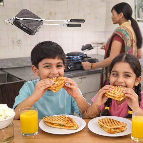 Image of Non-Stick Sandwich Toaster for Gas Stove | Grill & Toast Sandwiches in Minutes | Double-Coated Non-Stick | Durable & Easy to Use | Black Sandwich Maker | Heavy-Duty Cast Aluminum Body | (Grill)