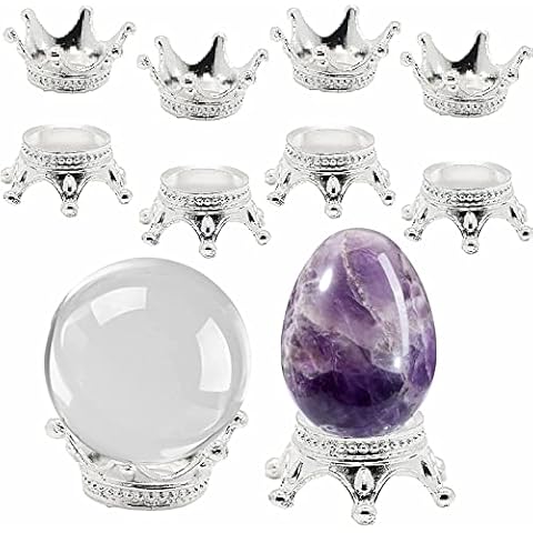 Nwsrayu 10 pcs Metal Silver Crystal Ball Stands Globe Stone Holders Egg Sphere Displays Mini Crown Lensball Base for Balls,Tennis, Marbles, Collections 30/40/50/60/70/80/100mm (10L) Cover