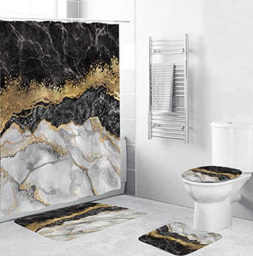 4Pcs Black Marble Shower Curtain Sets, Bathroom Sets with Shower Curtain and Rugs and Accessories, Rug Toilet Lid Cover and Non-Slip U Shape Mat, Waterproof Shower Curtain with 12 Hooks, 72" x 72"