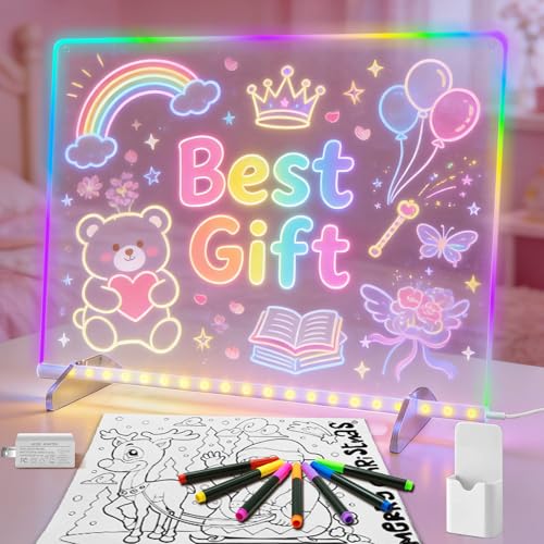 LED Note Board with 7 Colors, Includes Adapter, 13'x10' Led Drawing Board for Kids, Light Up Dry Erase Boards with 7 Markers, Soft Cloth, Hanging Chain, Holiday Trend Gift