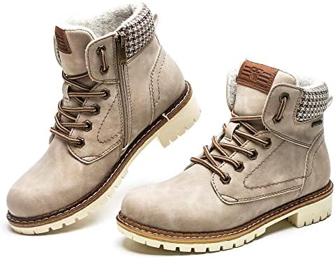 SDONY Womens Boots,Comfort Waterproof Flat Heel Ankle Hiking Boots,Fashion Winter Warm Snow Boots,Lace up Casual Non Slip Work Boots 8.5 M (Beige)