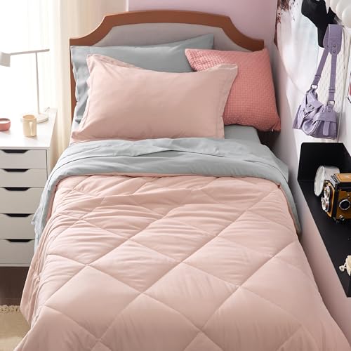 Image of Bedsure Twin XL Comforter - 5 Pieces Reversible Blush Pink Bed in a Bag, Twin XL Bedding Comforter Set College Dorm Essentials with 1 Flat Sheet, 1 Fitted Sheet, 1 Pillowcase and 1 Pillow Sham