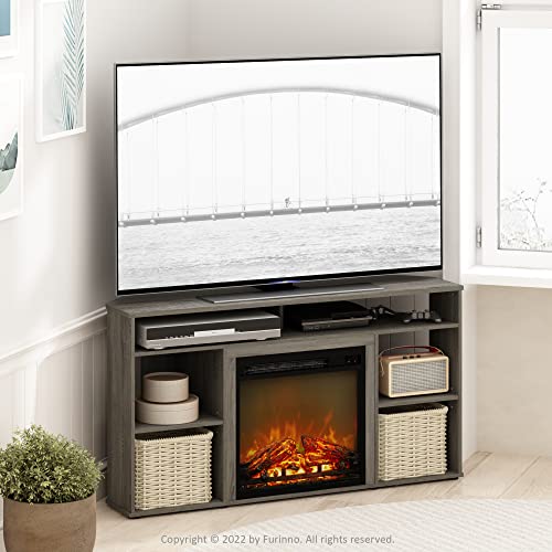 Image of Furinno Jensen Corner TV Stand with Fireplace for TV up to 55 Inches, French Oak Grey