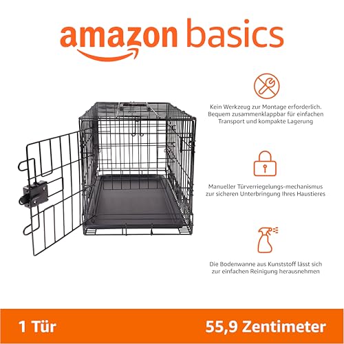 Amazon Basics Zusammenklappbarer Hundekäfig aus Metalldraht mit Bodenschale, Einzeltür, schwarz, L 56 x B 33 x H 40 cm