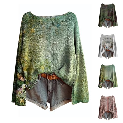 Fall Sweaters for Women 2025 Boho Knit Tops Vintage Graphic Print Shirts Long Sleeve Casual Cute Pullover Sweatshirts3