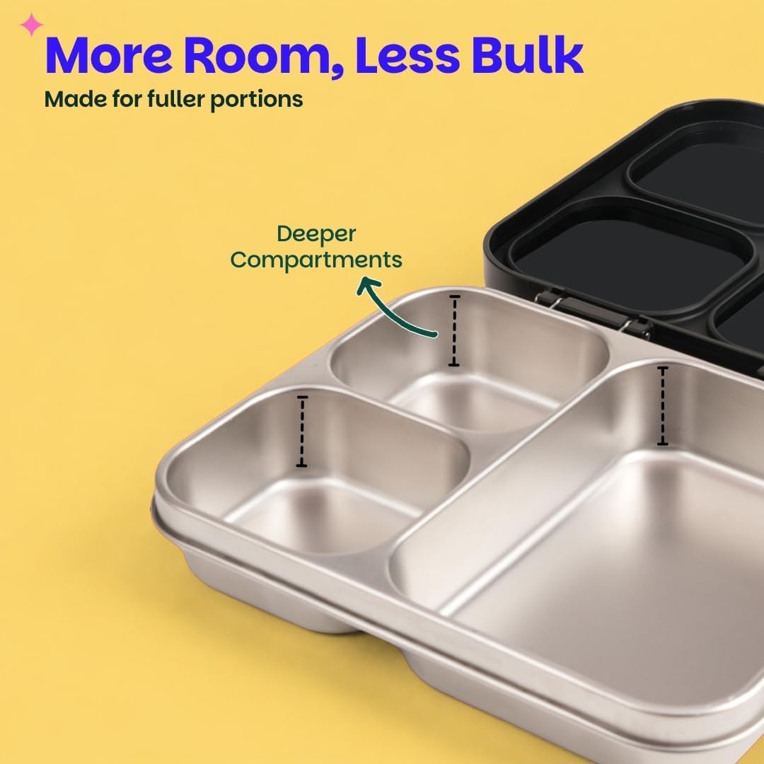 Basil Bento Ace 3C Stainless Steel Lunch Box for Kids 3 Compartment Leakproof Tiffin Box for Teens & Adults BPA-Free, Easy-to-Open School Lunch Box Classic Black