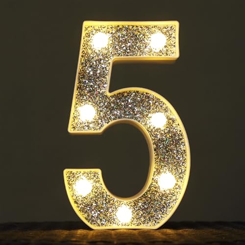 Image of LED Marquee Light Up Letters, 26 Alphabet Lighted Letter and 10 Number, Battery Powered Night Light for Room Decor, Home Birthday Wedding Bar Party Decoration, Shiny Silver Diamond (Number 5)