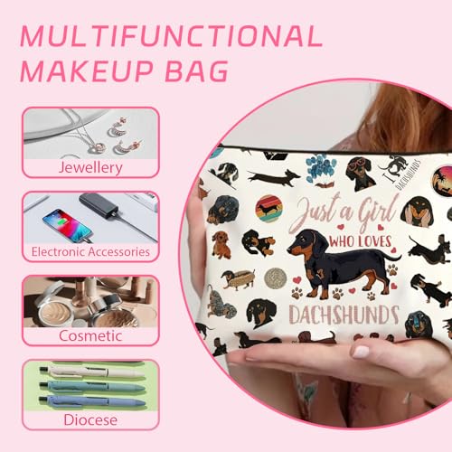 2 Pcs Dackel Geschenke Dackel Tasche Makeup Tasche Mit Reißverschluss Mit 2 Haarspangen Damen und 1 Dackel Schlüsselanhänger Ideal für Tierliebhaber, Großes Fassungsvermögen, Wiederholte Verwendung