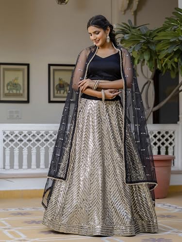 Image of TRENDMALLS Women's Georgette Embroidery Sequence Work Lehenga Choli with Dupatta For Women Semi-Stitch
