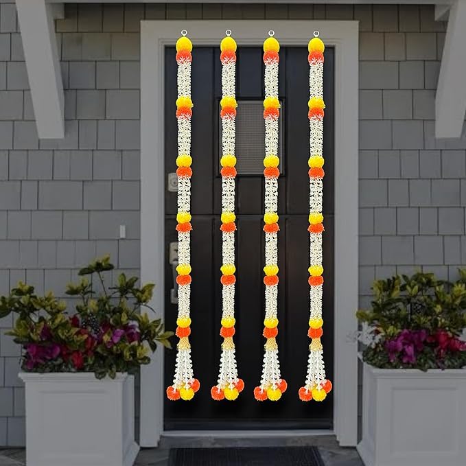 Image of iHandikart Decorative Artificial Flower Strings, Pack of 4 White & Yellow Garlands for Door, Wedding, Diwali, Pooja Room & Festival Decoration Size (58 Inch)