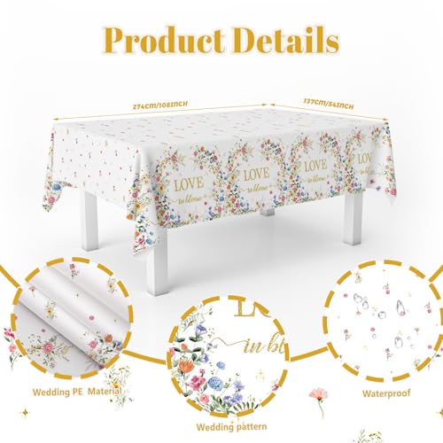 Image of MEHOFOND 3pcs Love in Bloom Bridal Shower Tablecloth, Wildflower Floral Disposable Plastic Table Cover 54x108 Inch, Spring Wedding Engagement Bachelorette Party Decorations