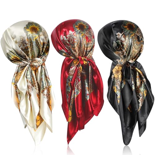 Sintege 3 Pcs 35 Inch Silk Head Scarf Large Square Neck Sleeping Hair Wrapping Satin for Women