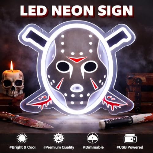 Image of Horror Mask LED Neon Sign, Scary Slasher Jason Neon Light for Wall Decor, 12 * 10 Inches, USB Powered Neon Lamp for Halloween, Bar, Gaming Room, Man Cave, Horror Movie Room Decor