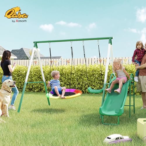 Qaba Swing Set for Backyard with Adjustable Seat and Saucer Swing, 5' Slide, Heavy Duty A-Frame Metal Stand Outdoor Playground Playset for Kids, 112" x 91" x 73"