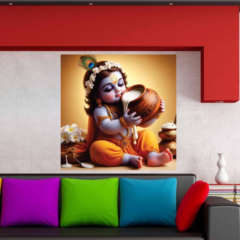 Image of British Terminal Cute little Bal Gopal Baby God Krishna| Kanha Ji | Laddu Lord Makhan Chor Painting Religious Poster for Pregnant Women for wall (matt thin vinyl,sticker,multicolor,unframed)| bj122