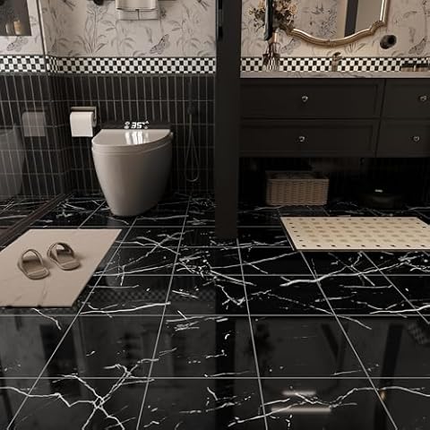 20-Pack Peel and Stick Floor Tiles Vinyl Floor 12 x 12 inch Self Adhesive Waterproof Flooring Planks DIY for Bathroom, Kitchen, Living Room, RV, Cover 20 Sq. Ft, Polish Black Marble Cover