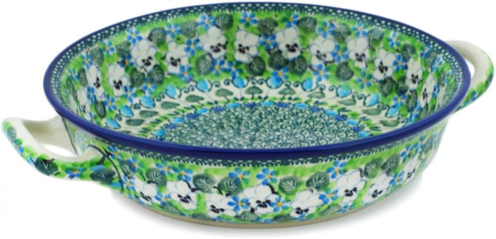 Polmedia Polish Pottery Round Baker with Handles UNIKAT - White Pansies Pattern Handmade in Boleslawiec Poland by Ceramika Artystyczna + Certificate of Authenticity
