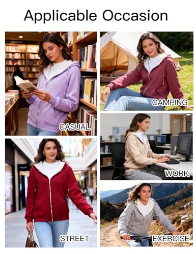Image of Flygo Womens Casual Winter Warm Sherpa Lined Full Zip Up Hoodie Sweatshirt Jacket