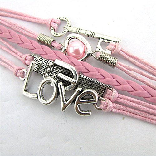 Women Charm Cuff Bangle Bracelet Pink Heart Bracelet Love Leather Fashion Charm Key Pearl Alloy Bracelets Link Beads Armband (As Shown, One Size) #TOP2