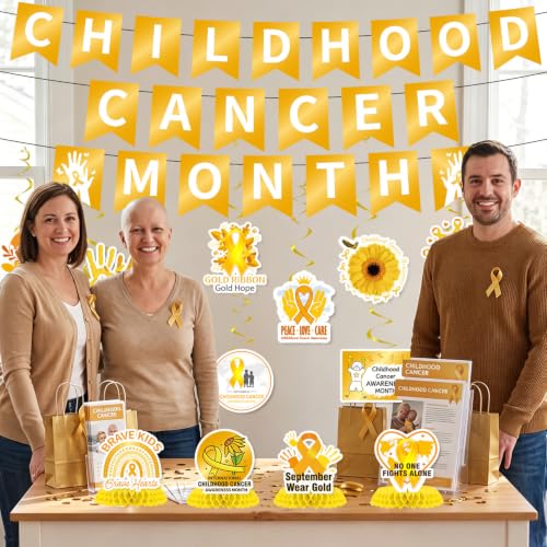 Image of Gameza Childhood Cancer Awareness Decorations - 14PCS Childhood Cancer Awareness Month Party Banner Hanging Swirls Honeycomb Centerpieces Decor, Gold Ribbon Charity Public Social Event Party Supplies