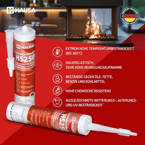 HAUSA Hochtemperatursilikon HS250 schwarz 1 x 300ml dauerelastische hitzebeständige Dichtmasse +305°C Dichtstoff zum Kleben Abdichten von Öfen Kochfeldern Motoren schnellhärtend ölbeständig