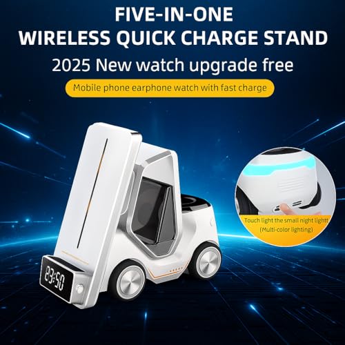 Image of Topgo 5-in-1 Wireless Charger with Alarm Clock & LED Light | 3 in 1 Charging Dock for iPhone 16 /15 /14 /13 /Samsung S25 /S24 /Nothing 3 /3a pro /2 /OnePlus 13s /13 /12, Apple Watch 10 /9 /8, Air Pods, Car Shape