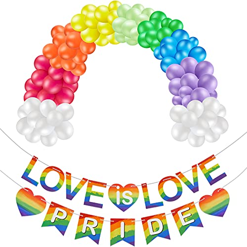 2 Pieces Rainbow Love Pride Banner Love is Love Rainbow Banner and 24 Pieces Rainbow Balloon Garland Arch Kit Rainbow Party BalloonÂ Set Rainbow Pride Flag Themed Party Decoration for Indoor Outdoor