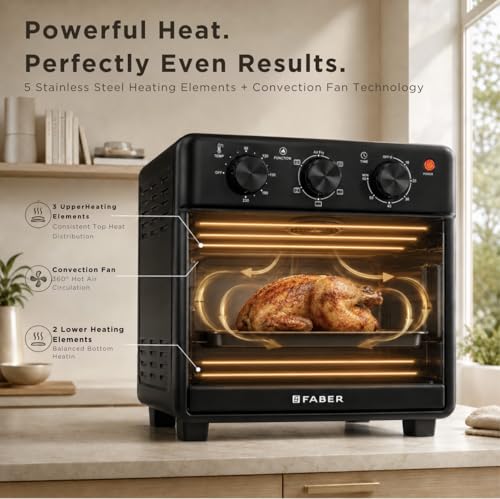 Image of Faber Air Fryer Oven 14L 1400W|View Window|Bake Tray,Tray Handle & Crumb Tray|Dishwasher safe removable parts|5 Preset Auto Program|3 Rack Positions|Roast,Fry,Toast,Defrost|FFAO CrispX PRO 14 BK